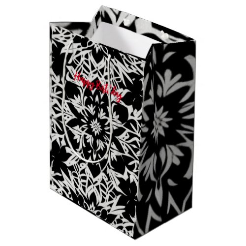 Modern Black with White Ink Floral Medium Gift Bag