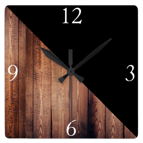 Modern Black &amp; Wood Planks Square Wall Clock