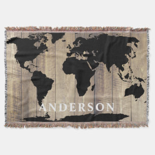 Modern Black World Map Rustic Wood Family Name Throw Blanket