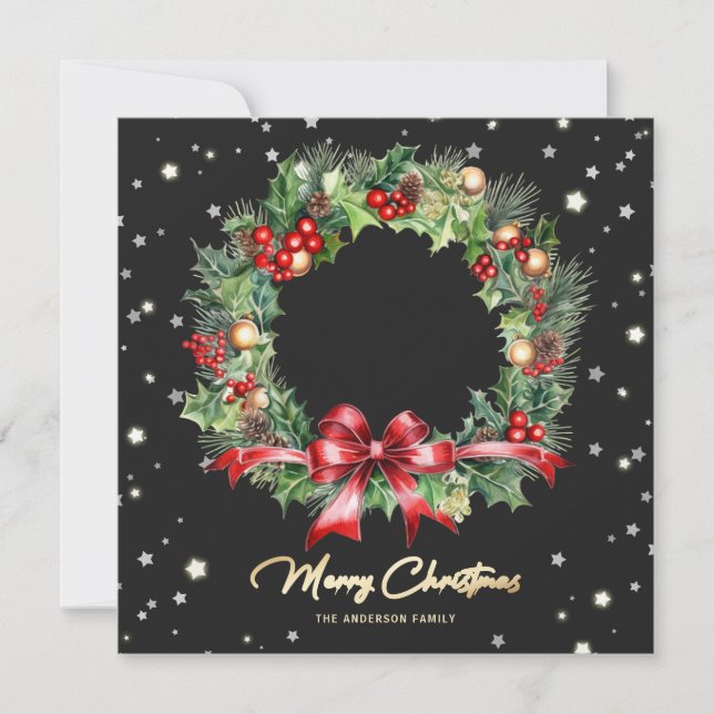 Modern Black Wreath Photo Merry Christmas Card (Front)