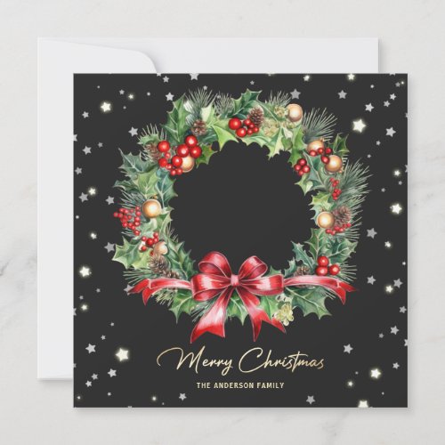 Modern Black Wreath Photo Merry Christmas Card