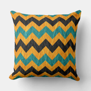 Modern Black Yellow Aqua Chevron Leather Throw Pillow