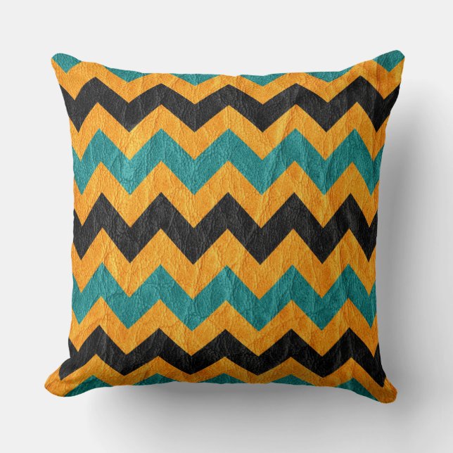 Modern Black Yellow Aqua Chevron Leather Throw Pillow (Front)
