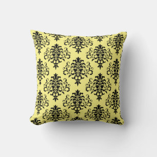 Modern Black Yellow Damask Pattern Throw Pillow