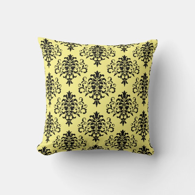 Modern Black Yellow Damask Pattern Throw Pillow (Front)