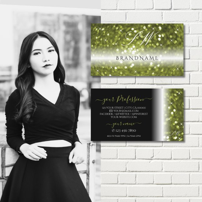 Modern Black Yellow Green Sparkle Glitter Initials Business Card (Creator Uploaded)