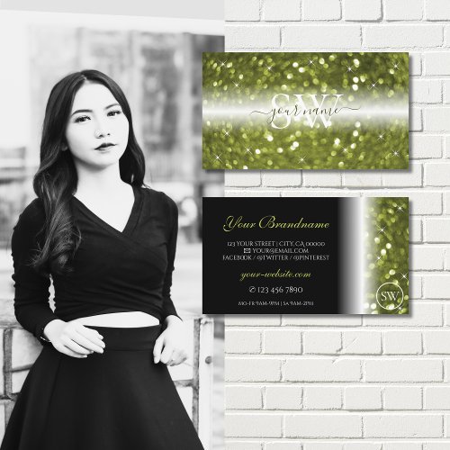 Modern Black Yellow Green Sparkle Glitter Monogram Business Card