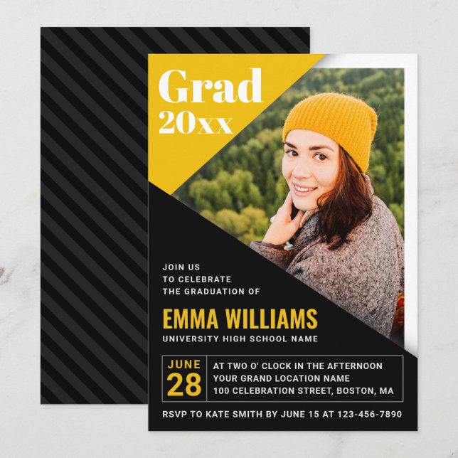 Modern Black Yellow | Photo Graduation Party Invitation (Front/Back)