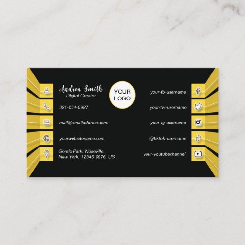 Modern Black Yellow Social Media Icons Minimalist  Business Card