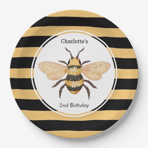 Modern Black Yellow Stripes Bee Birthday Party Paper Plates