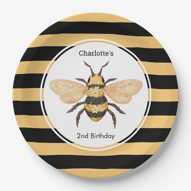 Modern Black Yellow Stripes Bee Birthday Party Paper Plates (Front)