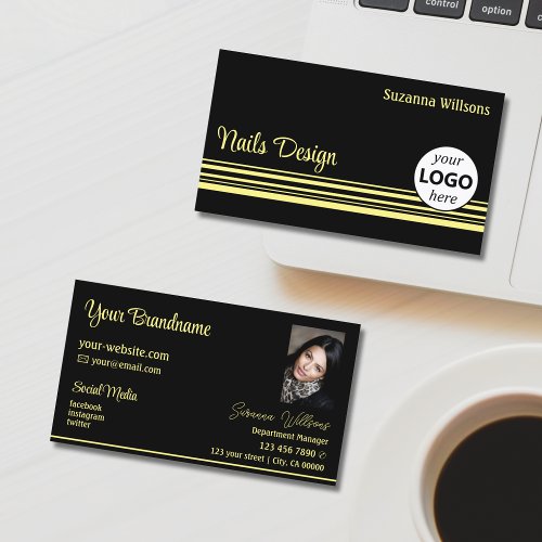 Modern Black Yellow Stripes with Logo and Photo Business Card