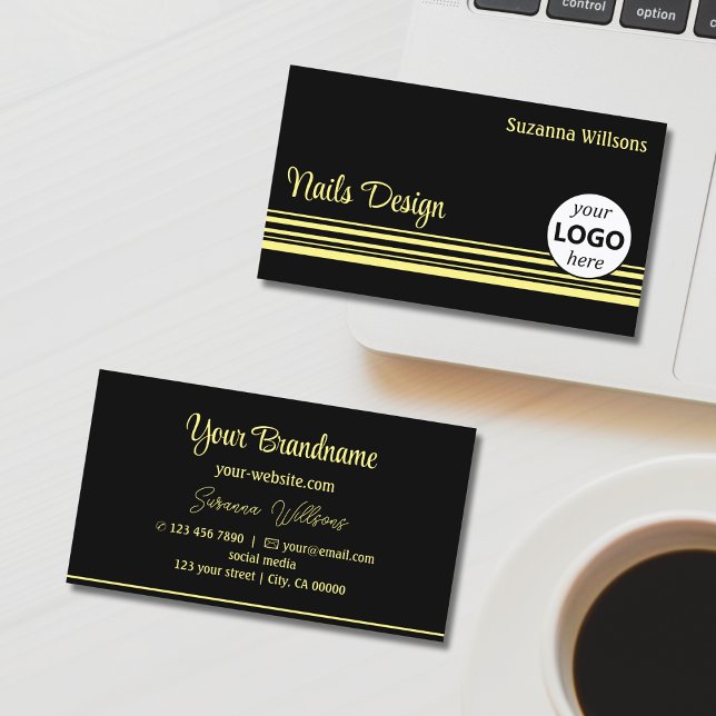 Modern Black Yellow Stripes with Logo Professional Business Card (Creator Uploaded)
