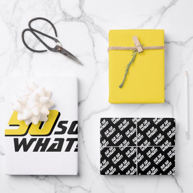 Modern Black Yellow Typography 50th Birthday Wrapping Paper Sheets (Front)