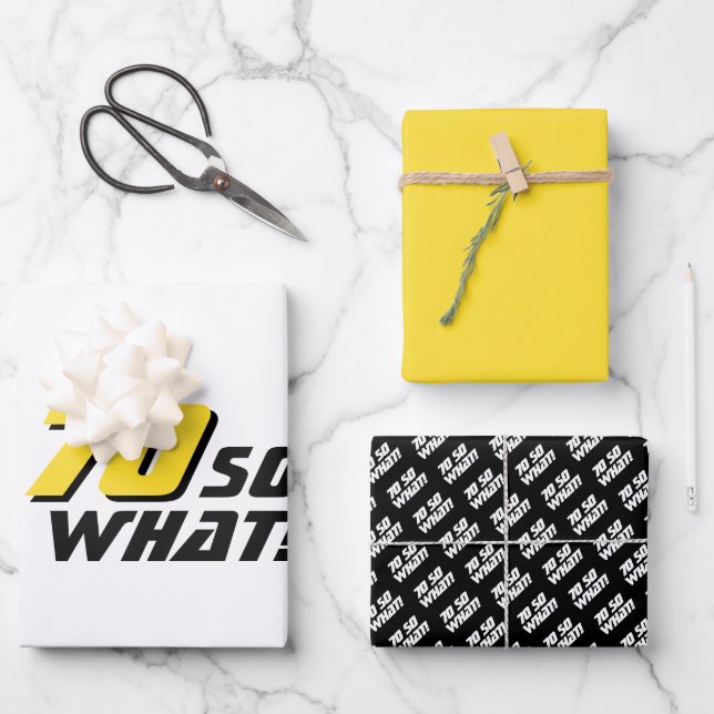 Modern Black Yellow Typography 70th Birthday Wrapping Paper Sheets (Front)