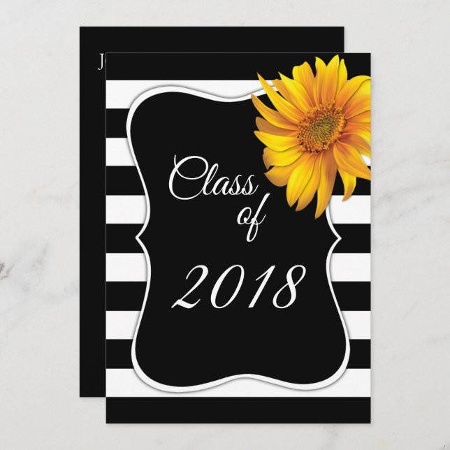 Modern BlackWhite Stripe Sunflower 2018 Graduation Invitation (Front/Back)
