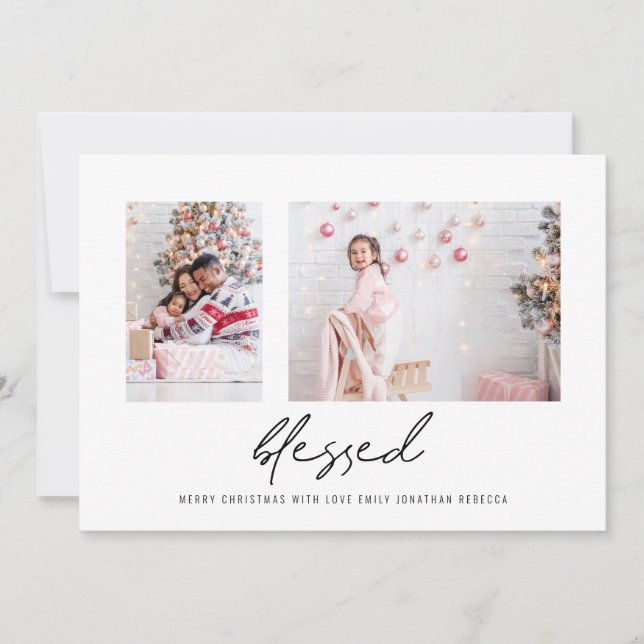 Modern Blessed 2 Photos Script Christmas Holiday Card (Front)