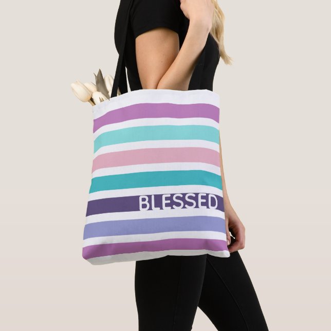 Modern BLESSED Pastel Striped Christian Tote Bag (Close Up)