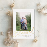 Modern Blessed Religious Christmas Photo Gold Foil Holiday Card<br><div class="desc">This gorgeous Christmas photo card features a classic white background with the modern calligraphy script greeting "Blessed Christmas Wishes" in gold foil and a single vertical photo. The greeting is followed by your name in flat gray ink. This design accommodates a single vertical photo on the front of the card....</div>