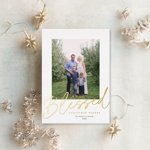 Modern Blessed Religious Christmas Photo Gold Foil Holiday Card