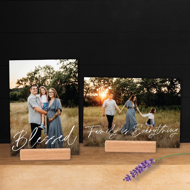 Modern Blessed Script Two Sided Family Photo Holder (Two sided layout accommodates one vertical and one horizontal photo!)