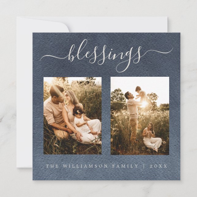 Modern Blessings Dark Blue Christmas Photo Holiday (Front)