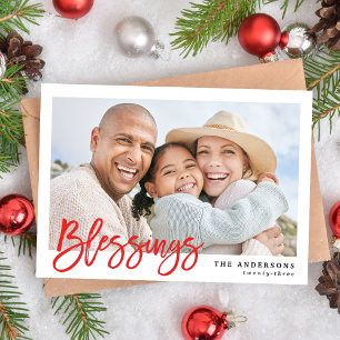 Modern Blessings Red Script Photo Holiday Card