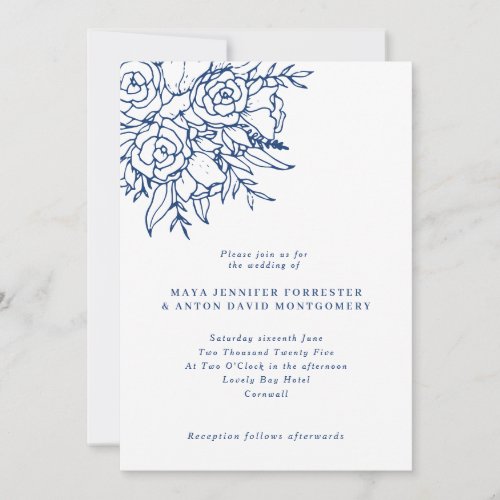 Modern Bleu Botanical Line Art Floral Wedding Invitation