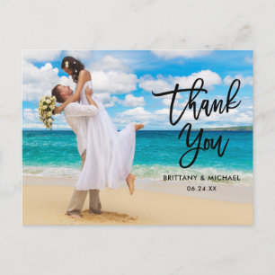 Modern Blk Brush Script Wedding Thank You Postcard