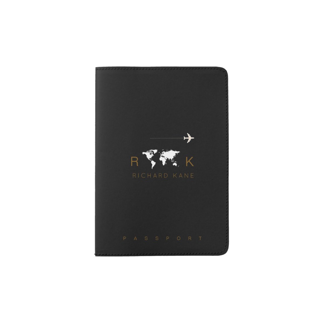 modern blk. world travel passport cover with name Zazzle