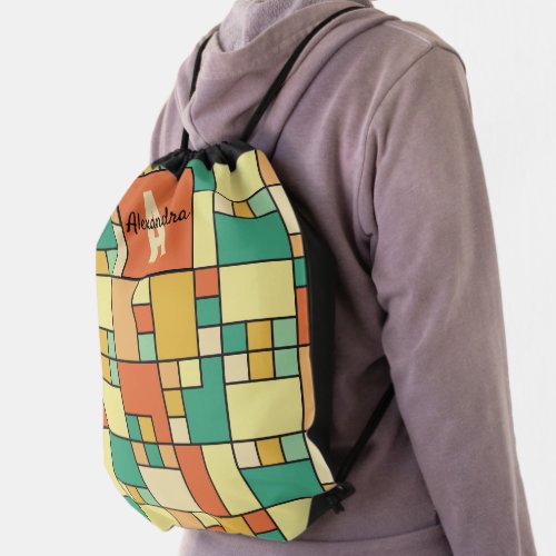 Modern block pattern muted summer drawstring bag