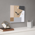 Modern Block Stripes Pattern Art On Faux Wooden Square Wall Clock<br><div class="desc">Modern white, dark and light gray, brown and beige block pattern on a light beige tan colored faux wooden background. Classic retro chic, elegant yet simple basic design for the artistic home décor fashion designer, popular hip trendsetter, whimsical midcentury style motif lover. Available on original, classy, fun & trendy interior...</div>