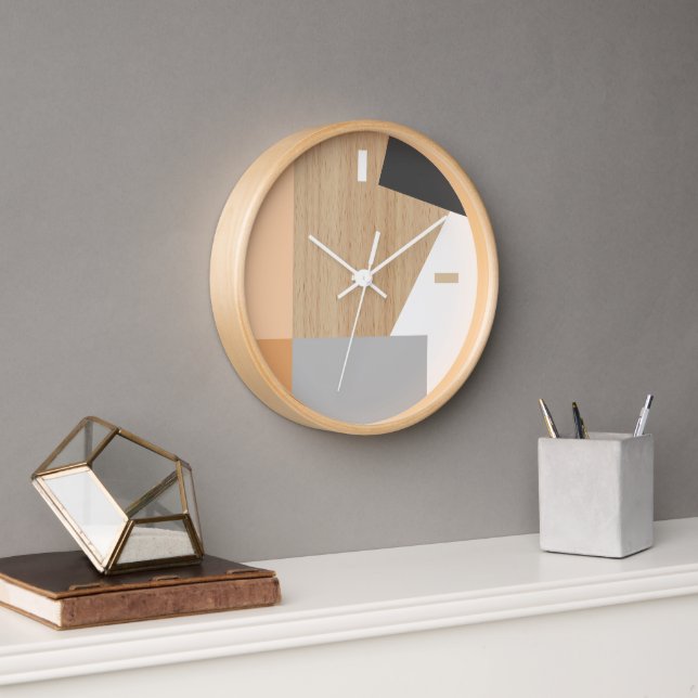 Modern Block Stripes Pattern Art On Faux Woodgrain Clock (Office)