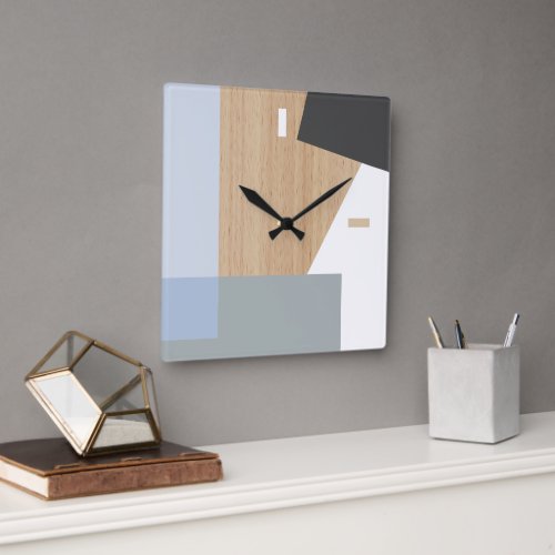 Modern Block Stripes Pattern Art On Faux Woodgrain Square Wall Clock