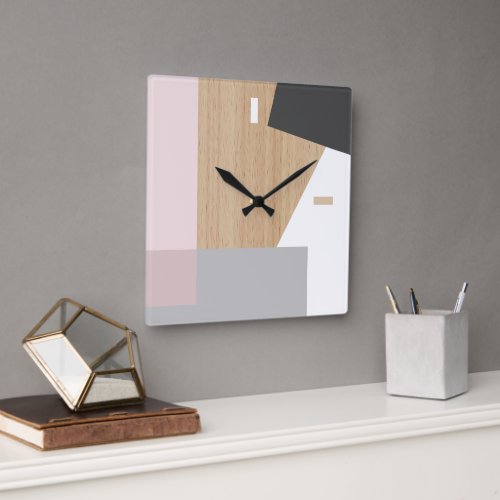 Modern Block Stripes Pattern Art On Faux Woodgrain Square Wall Clock