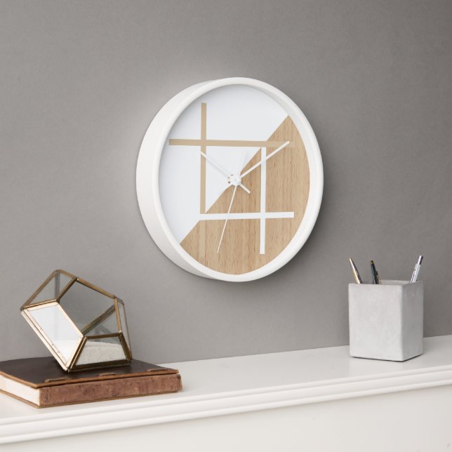 Modern Block Stripes Pattern On Faux Wooden Clock (Office)