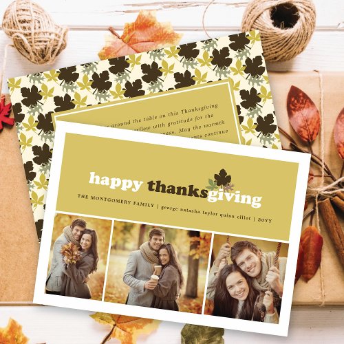 Modern Blocks Fall Leaves Thanksgiving 3 Photo Holiday Card