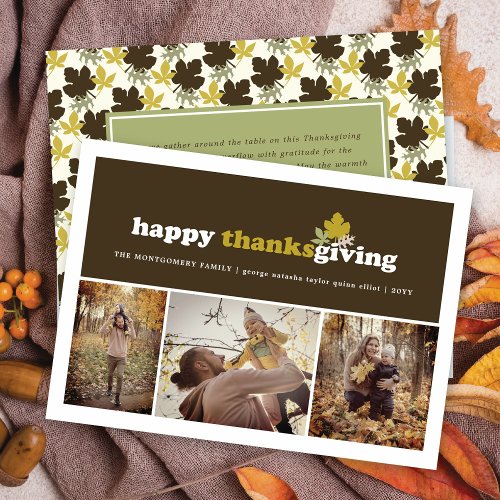 Modern Blocks Fall Leaves Thanksgiving 3 Photo Holiday Card