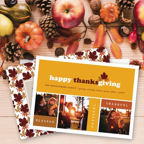 Modern Blocks Fall Leaves Thanksgiving 3 Photo Holiday Card