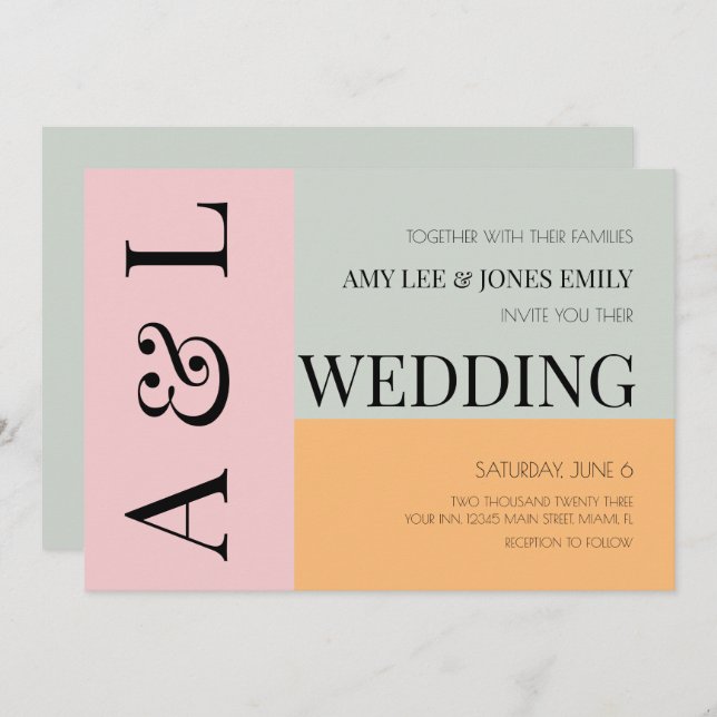 Modern Blocks Pink Mint Bright Bold Wedding Invitation (Front/Back)