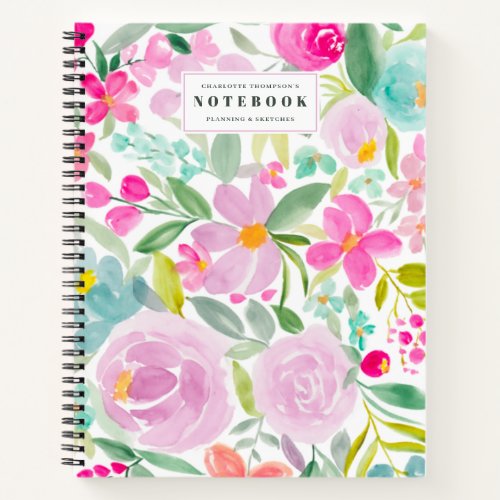 modern bloom girly pastel floral watercolor name notebook