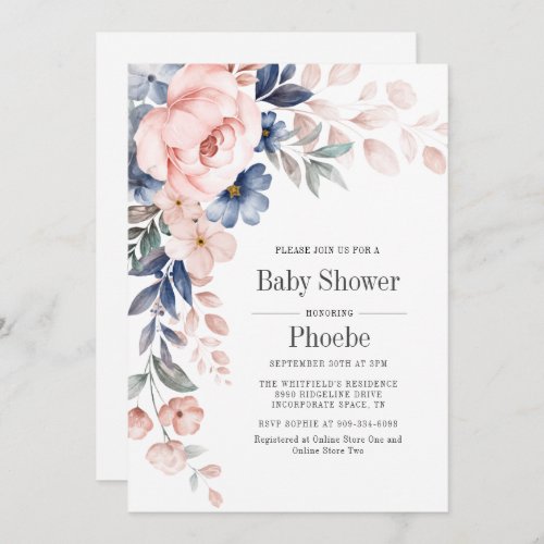 Modern Bloom Pink Blue Floral Baby Shower Invitation