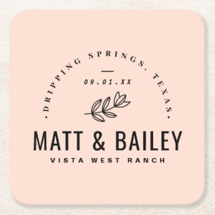 Modern Bloom Wedding Monogram   Blush Square Paper Coaster