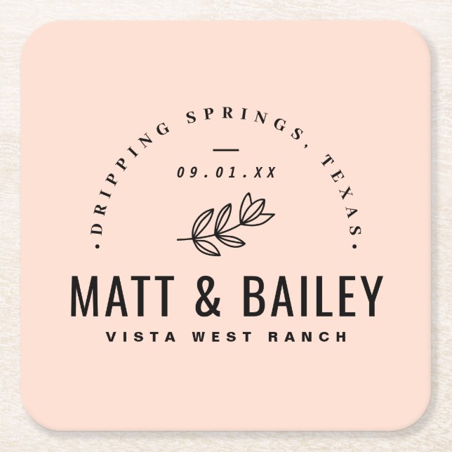 Modern Bloom Wedding Monogram | Blush Square Paper Coaster (Front)