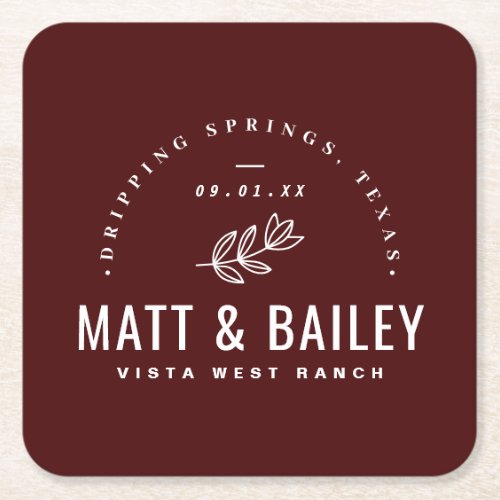 Modern Bloom Wedding Monogram | Burgundy Square Paper Coaster