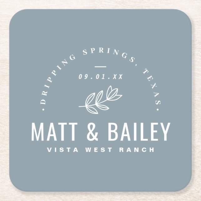 Modern Bloom Wedding Monogram | Dusty Blue Square Paper Coaster (Front)