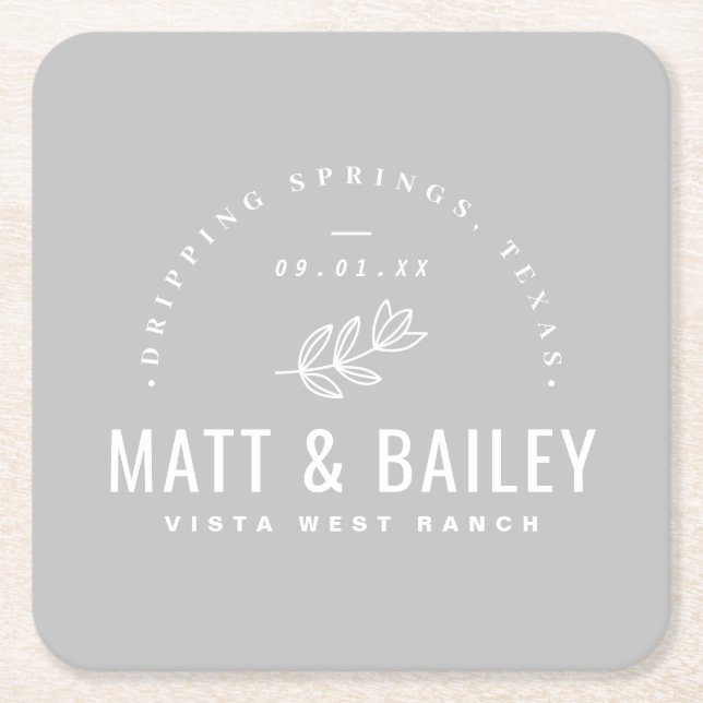 Modern Bloom Wedding Monogram | Gray Square Paper Coaster (Front)