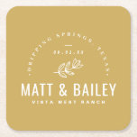 Modern Bloom Wedding Monogram | Mustard Yellow Square Paper Coaster<br><div class="desc">Personalize the template with the bride and groom's names or monogram initials. Add your wedding date, the city, state or venue name or any other custom text. This modern rustic logo-style design has a simple floral stem and mixed typography. Use the design tools to choose any colors, edit the fonts...</div>