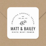 Modern Bloom Wedding Monogram Square Sticker<br><div class="desc">Custom printed wedding favor stickers personalized with your monogram, wedding date and thank you message. This modern rustic logo-style design has a simple floral stem and mixed typography. Use the design tools to choose any fonts and colors you like or upload your own photos to create a one of a...</div>