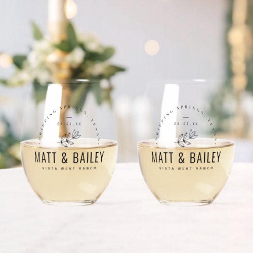 Modern Bloom Wedding Monogram Stemless Wine Glass